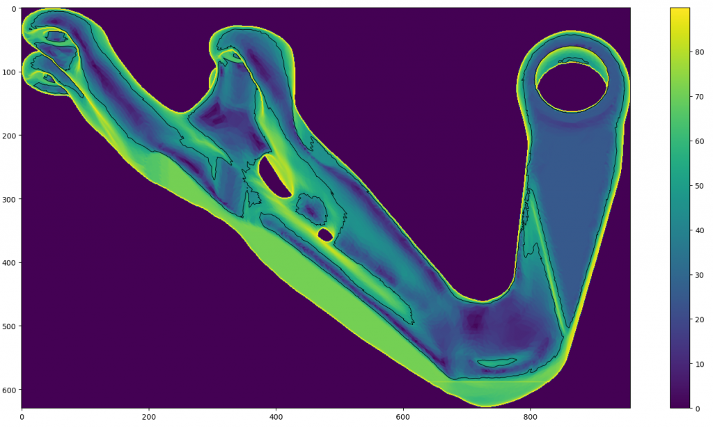 Overhang regions identified in a 3D Printed part using PySLM. The is contours show the unsupported regions with an overhang angle of 45degrees