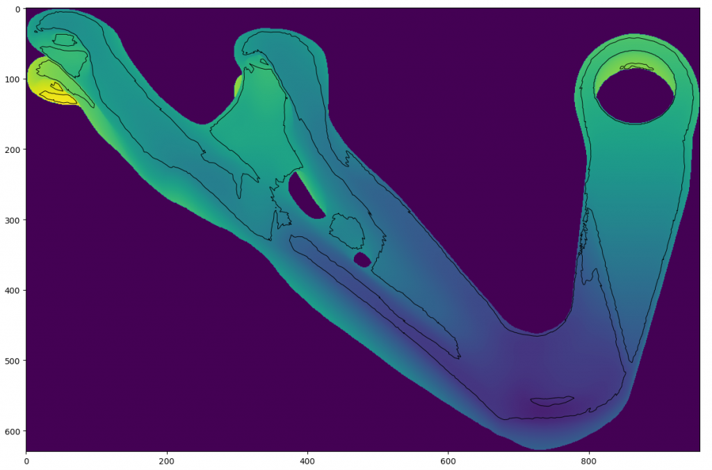 Overhang regions identified in a 3D Printed part using PySLM. The is contours show the unsupported regions with an overhang angle of 45degrees